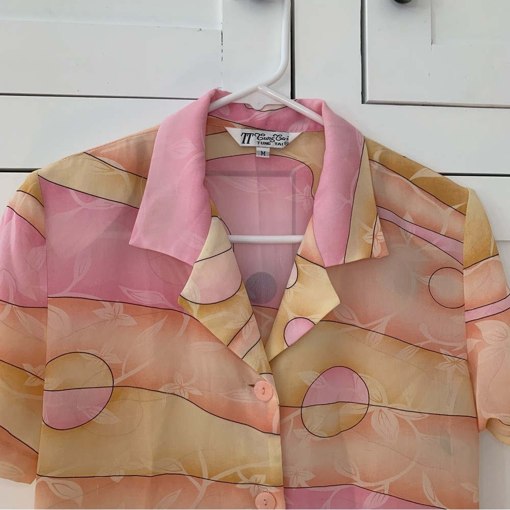 Tung Tai Pink/Yellow Sheer Button Up Collar Shirt Size Medium - Picture 4 of 7